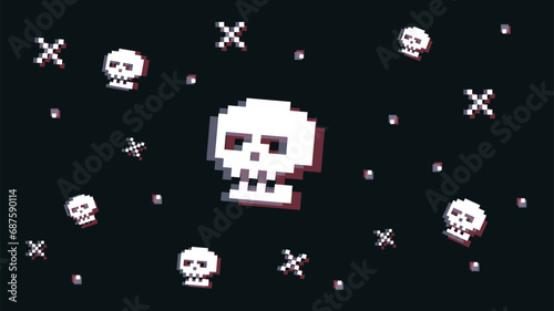 Game death vector illustration. Scary human skull in pixel style with glitch effects for online gaming, arcades. Template background for website for stream in retro style. You lose, game over.