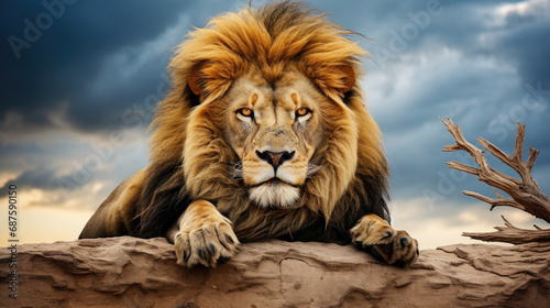 A beautiful lion sitting on a rock with an stormy background.