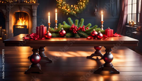 Old wooden table with winter theme in the background, Christmas theme, beautiful photo wallpaper,