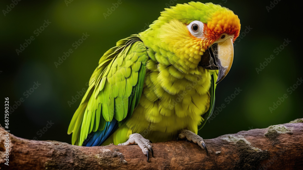 A green and orange parrot sitting on a branch.