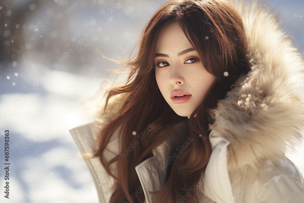 Portrait of a beautiful young woman with long curly hair,   in a coat in winter forest. Beauty, fashion.