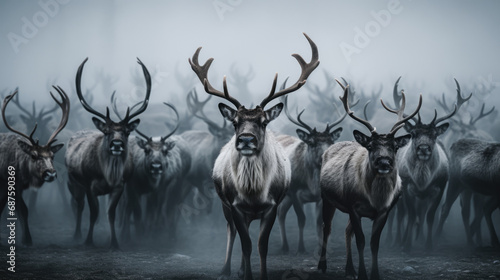Reindeer herd standing near the fog on a meadow in the winter.