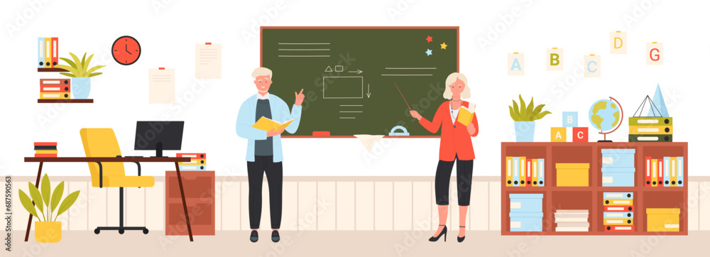 Cartoon adult female and male characters holding pointer and chalk to explain lesson in classroom and teach students, board presentation. School teachers at blackboards set vector illustration