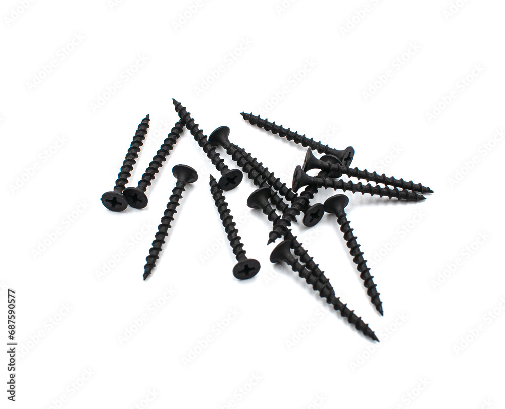 Black screws on a white background. 