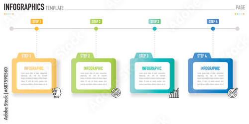 Folder horizontal mind map infographic template or element with 4 step, process, option, colorful rectangle button, label, icons, paper origami, minimal, modern style for sale slide flowchart schedule