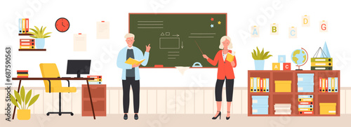 Cartoon adult female and male characters holding pointer and chalk to explain lesson in classroom and teach students, board presentation. School teachers at blackboards set vector illustration
