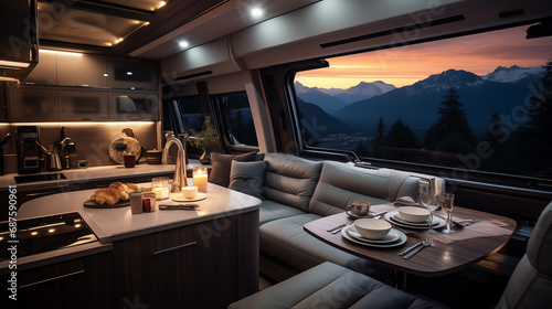 Luxury interior design of modern motorhome on the background of the night rocky mountains