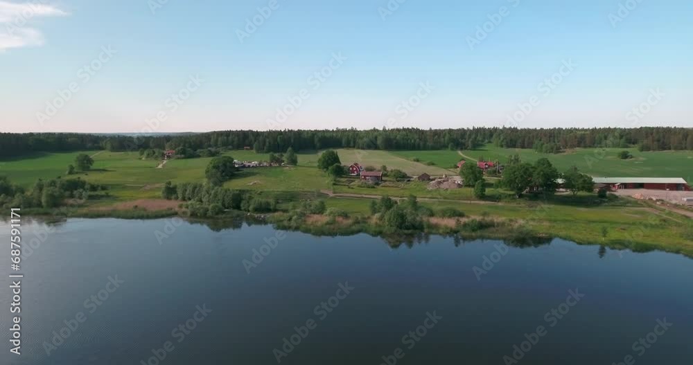 Aerial Beautiful View Of Houses On Green Landscape, Drone Flying Forward Over Lake - Mariefred, Sweden