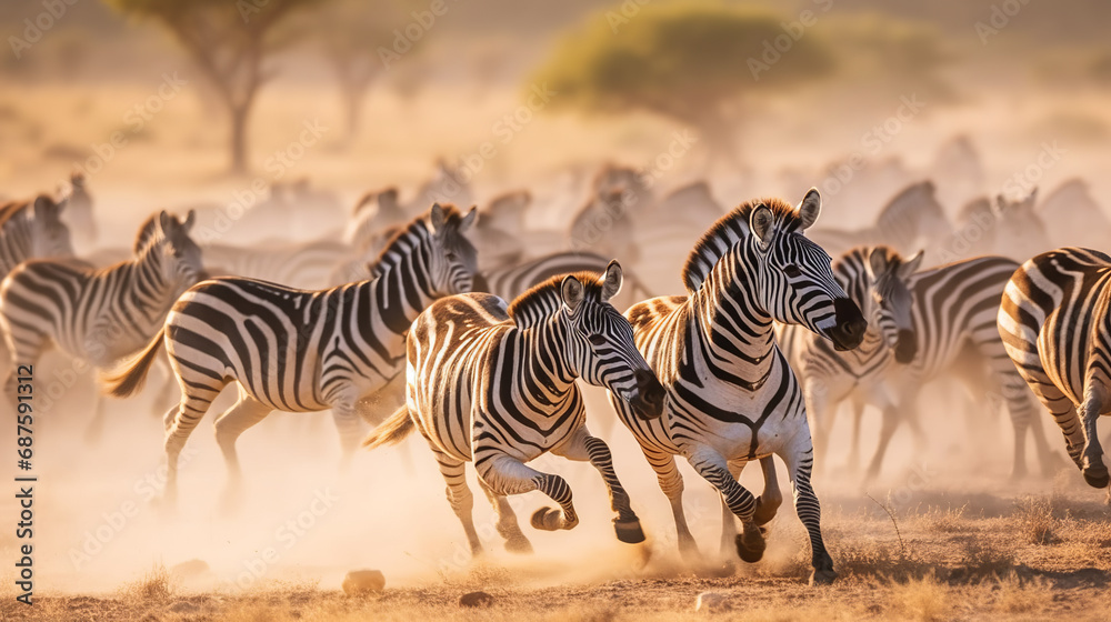 A herd of zebras running in the African savanna at sunrise or sunset, kicking up dust as they go - obrazy, fototapety, plakaty 