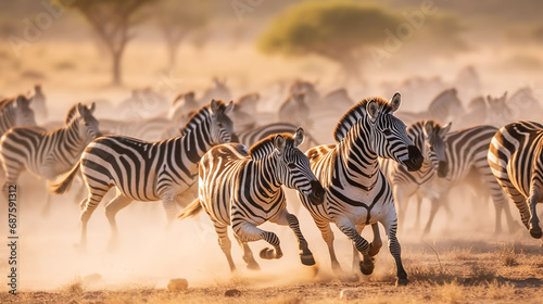 A herd of zebras running in the African savanna at sunrise or sunset, kicking up dust as they go
