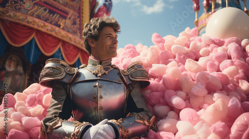 Man in a Suit of Armor Eating Cotton Candy at a County Fair: Photograph a man clad in medieval armor enjoying cotton candy amidst the colorful and bustling ambiance of a county fair. photo