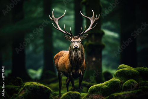 A red deer stands in the forest.