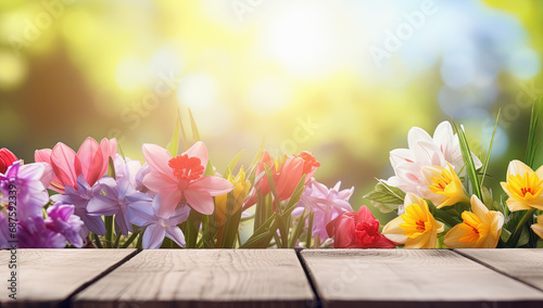 Fondo natural floral de primavera con una tabla de madera en primer plano vacia para mostrar productos comerciales y flores desenfocadas en un campo  photo