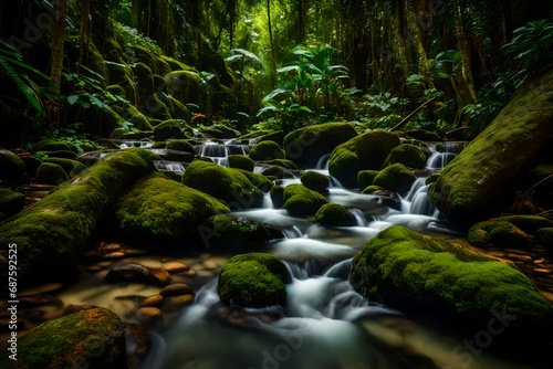 The crystal-clear water winds its way through moss-covered stones,