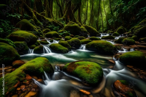 The crystal-clear water winds its way through moss-covered stones 