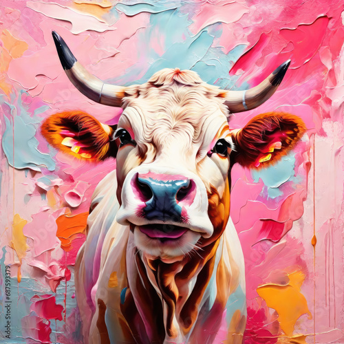 Funny cow painting. Expressive illustration of the domestic animal.