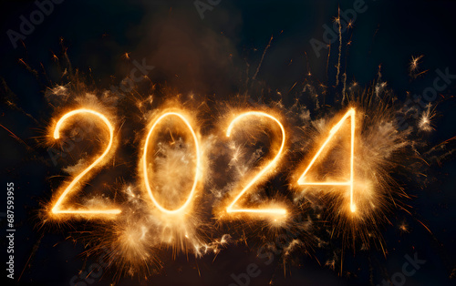 Happy New Year 2024. Burning sparkling 2024. Beautiful Glowing design element for greeting card and holiday flyer