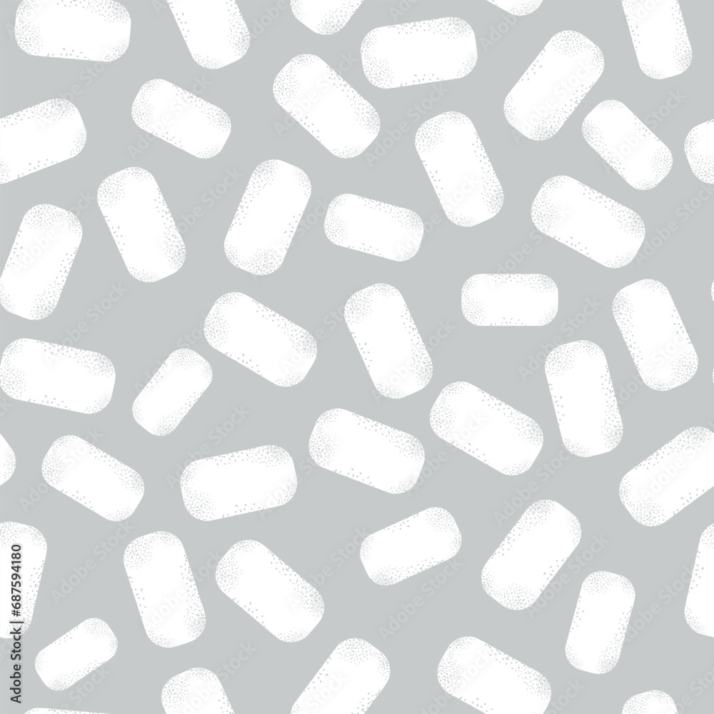 White textured rectangular ice flakes or marshmallows on a light gray background form a winter seamless pattern for textile, holiday wrapping paper. Vector.