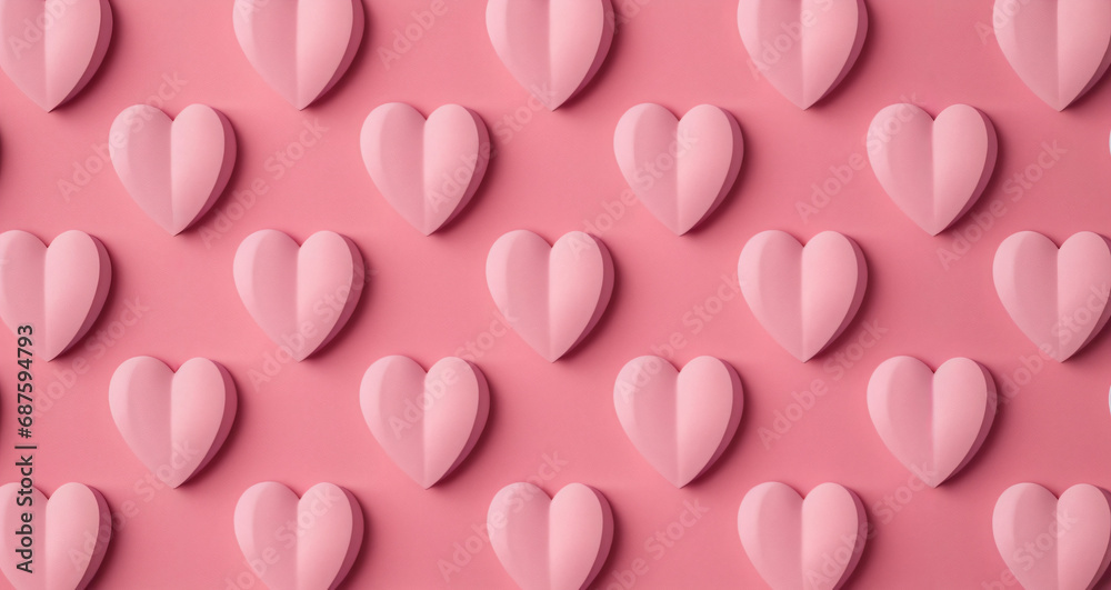 Valentine’s Day Decor, Uniform 3D Heart Shapes on Pink Background, Love, Romance, Digital Art
