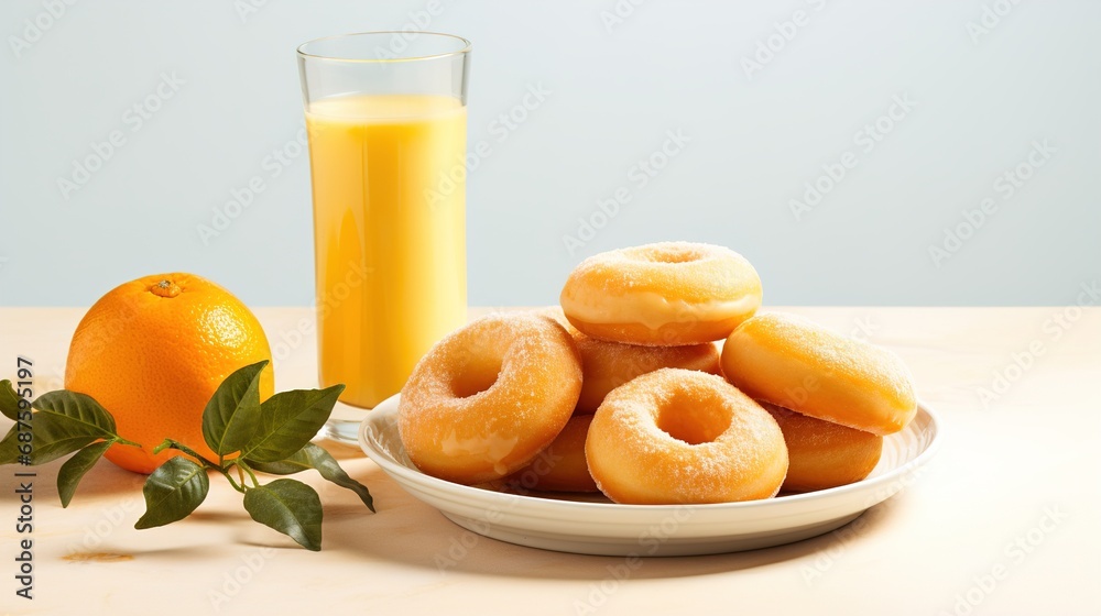 Breakfast with sweet Donuts and freshly squeezed Orange juice, Image for the Menu, Advertising Breakfast with sweet Donuts and freshly squeezed Orange juice, Image for the Menu, Advertising