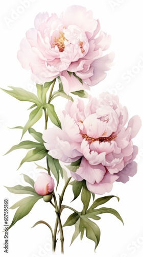 Bouquet of beautiful soft pink peony flowers on white background, watercolor illustration