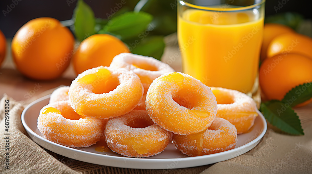 Breakfast with sweet Donuts and freshly squeezed Orange juice, Image for the Menu, Advertising Breakfast with sweet Donuts and freshly squeezed Orange juice, Image for the Menu, Advertising