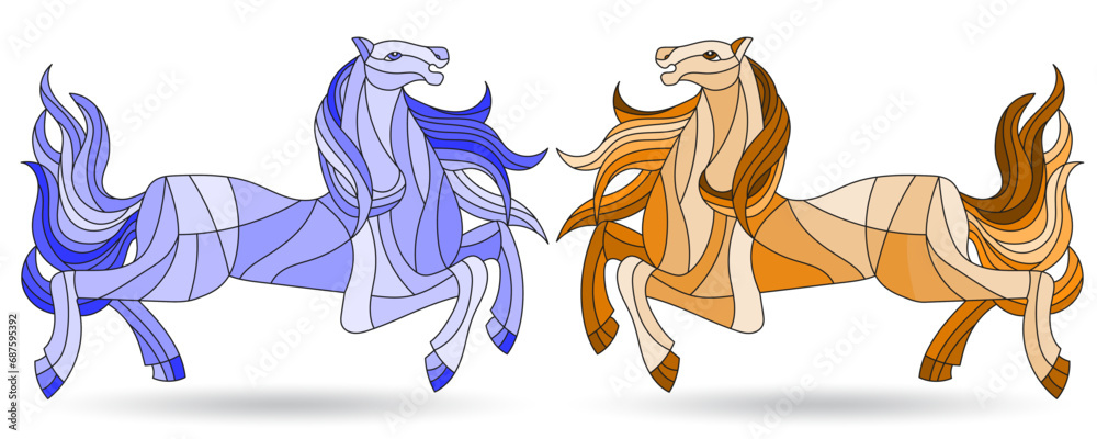 A set of illustrations in the style of stained glass with abstract horses, animals isolated on a white background, tone blue and brown A set of illustrations in the style of stained glass with abstract horses, animals isolated on a white background, tone blue and brown