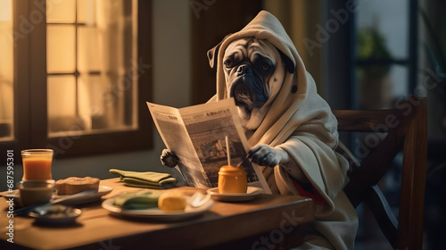 anthropomorphic pug dog, in a robe, eating breakfast and reading the newspaper, lightroom,Ai