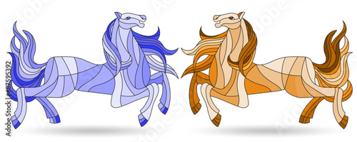 A set of illustrations in the style of stained glass with abstract horses, animals isolated on a white background, tone blue and brown