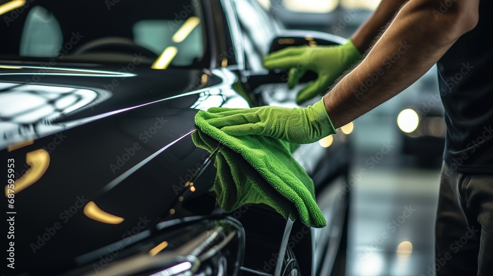 A man Leaning car with microfiber cloth, car detailing concept. Image for Advertising, Banner, Magazines, Car Business - obrazy, fototapety, plakaty 