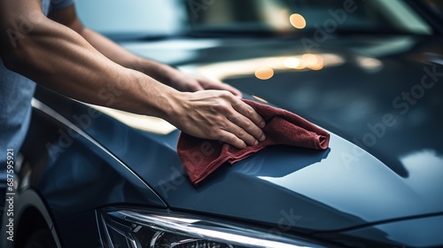 A man Leaning car with microfiber cloth, car detailing concept. Image for Advertising, Banner, Magazines, Car Business photo