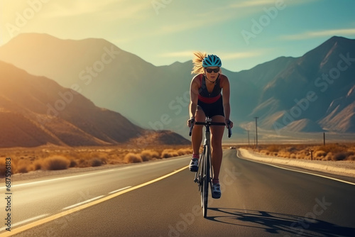 Pedaling Panorama: Woman Cycling Along Majestic Mountains