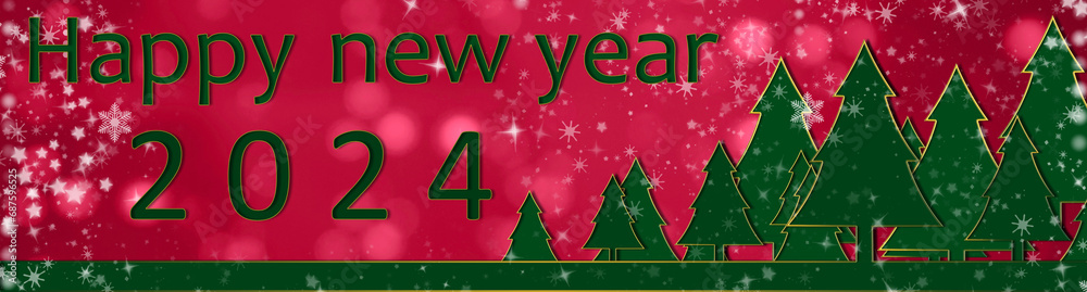 Eve 2024 New Year winter Holiday, greeting card, bokeh, night, december. Green Christmas tree on the red background. Design, panoramic banner. Eve 2024 New Year winter Holiday, greeting card, bokeh, night, december. Green Christmas tree on the red background. Design, panoramic banner.