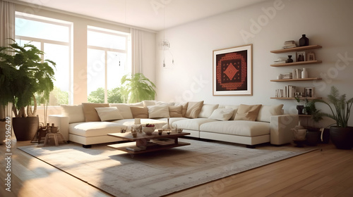 Open space, white living room interior with a big rug on dark, hardwood floor and a beige corner sofa with cushions concept,Generative Ai © photo
