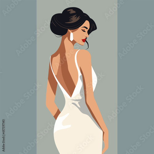 Vector fashion illustration, young sexy woman with a perfect figure posing in an elegant backless dress. Back view.
 photo