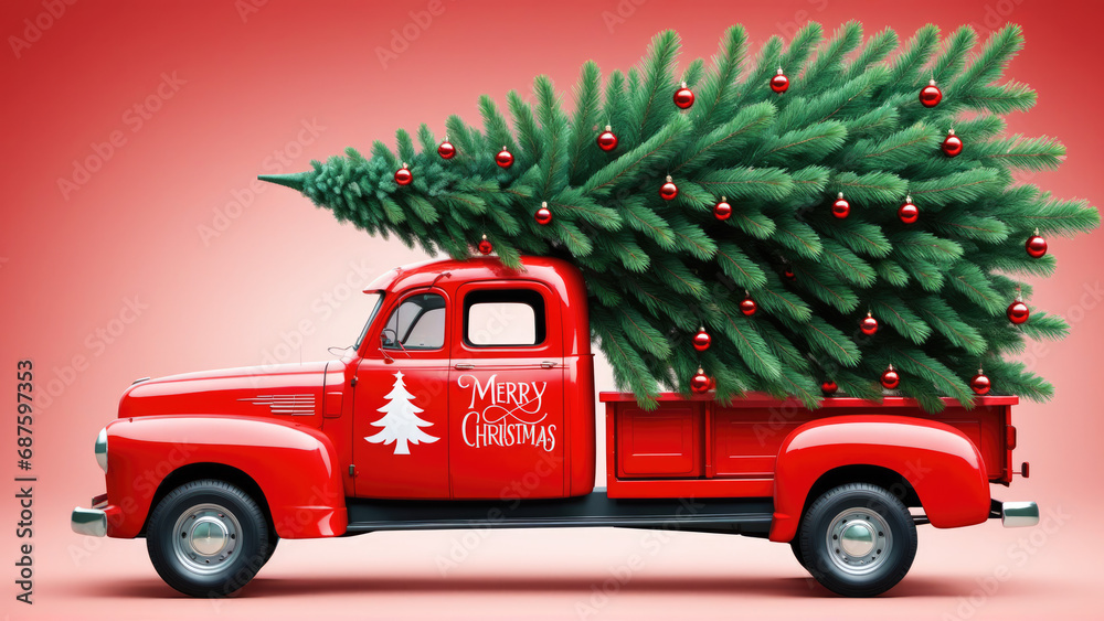 A Festive Red Truck Transporting a Christmas Tree