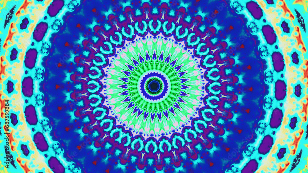 Mandala circle. Neon kaleidoscope. Psychedelic design. Blue purple green color paint symmetrical round shape geometric pattern creative abstract art illustration background. Mandala circle. Neon kaleidoscope. Psychedelic design. Blue purple green color paint symmetrical round shape geometric pattern creative abstract art illustration background.