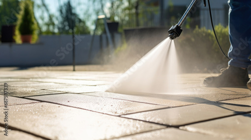  using a pressure washer to clean an outdoor surface photo
