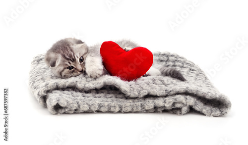 A kitten lying on a blanket with a heart.