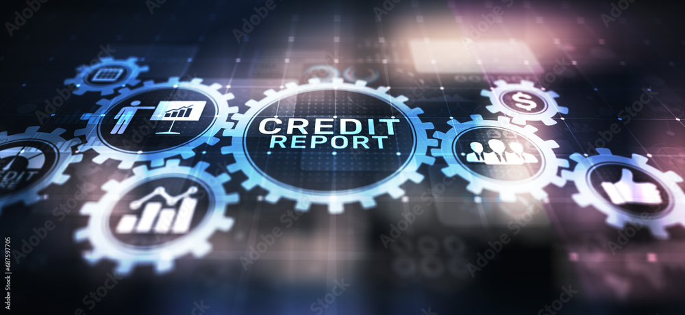 Credit report score button on virtual screen. Business Finance concept. Credit report score button on virtual screen. Business Finance concept.