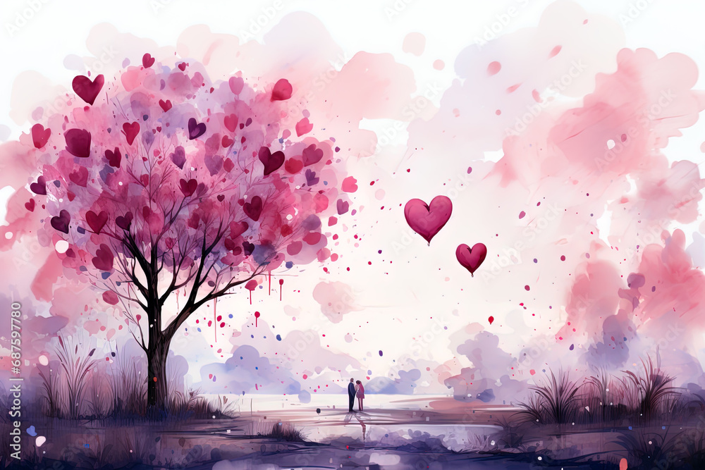 Valentines Day pink watercolor landscape background. Ai generative art - obrazy, fototapety, plakaty 