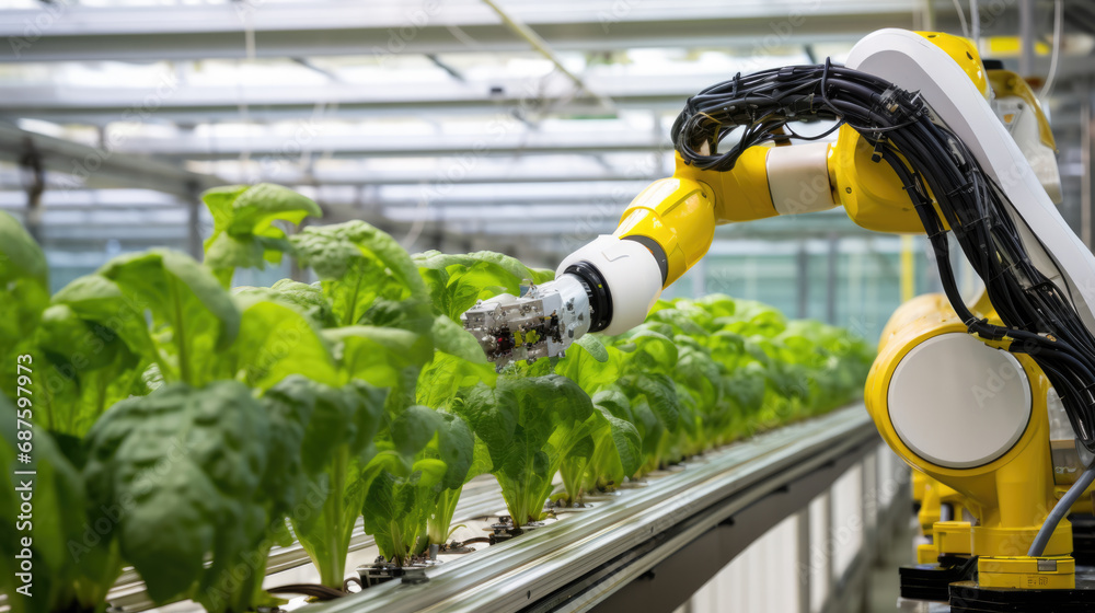 Robotic arm tending to lettuce plants in a high-tech, indoor hydroponic farm, representing advanced agricultural technology and sustainable farming practices.