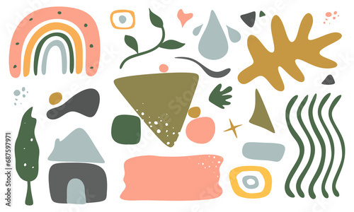 Set of abstract modern shapes in doodle style. Colored organic funny shape collection, random childish graphic decorative elements isolated on white background. Minimal trendy vector objects and forms