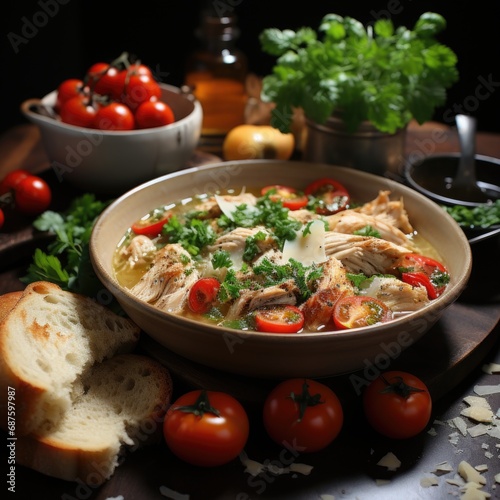 Vegetable Delight Realistic Chicken Soup Photo Generative AI