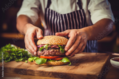 Close-up of a chef cooking burger