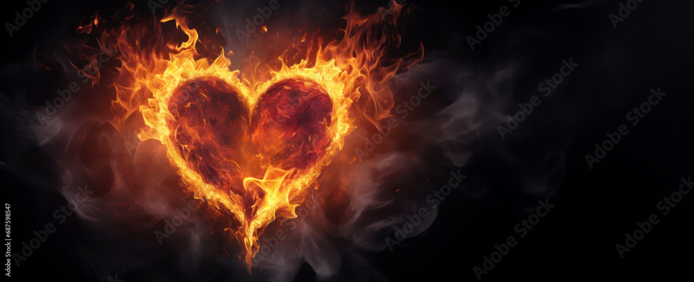 Flaming heart on dark background. Valentine's Day and love concept