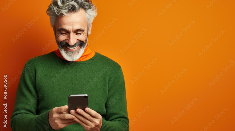Senior man is using a smartphone against orange background. Senior man is using a smartphone against orange background.
