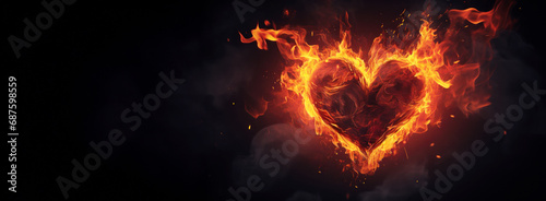 Flaming heart on dark background. Valentine s Day and love concept