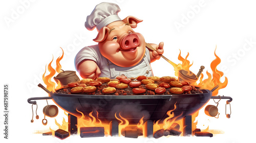 100 scaleable  image of scartoon pig chef bbq grill cooking,Generative Ai photo