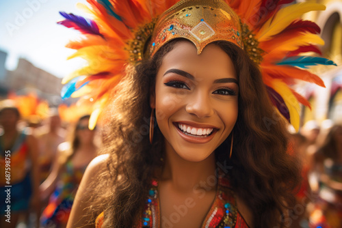 Brazilian Carnival: Energetic Latin Woman in Vibrant Dress